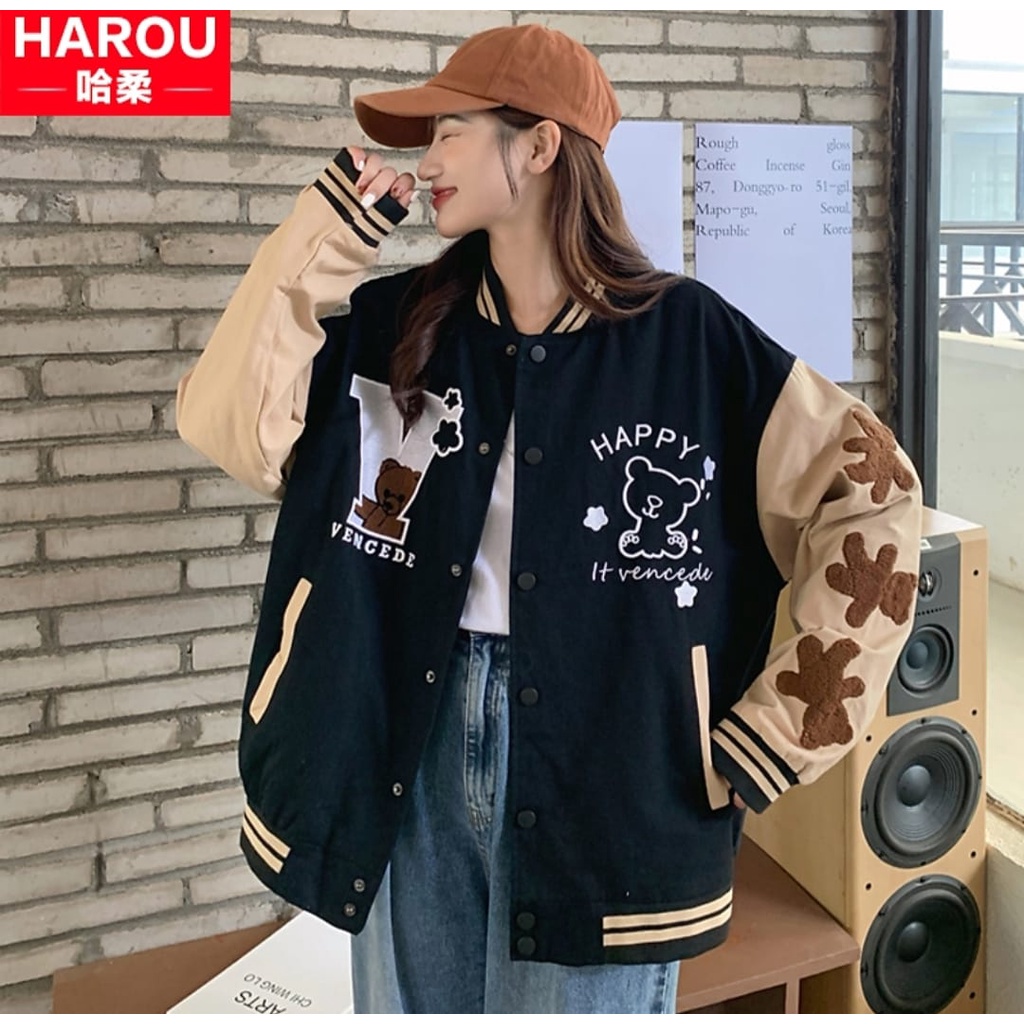 V HAPPY JAKET BASEBALL VARSITY OVERSIZE WANITA - JAKET WANITA KOREAN STYLE