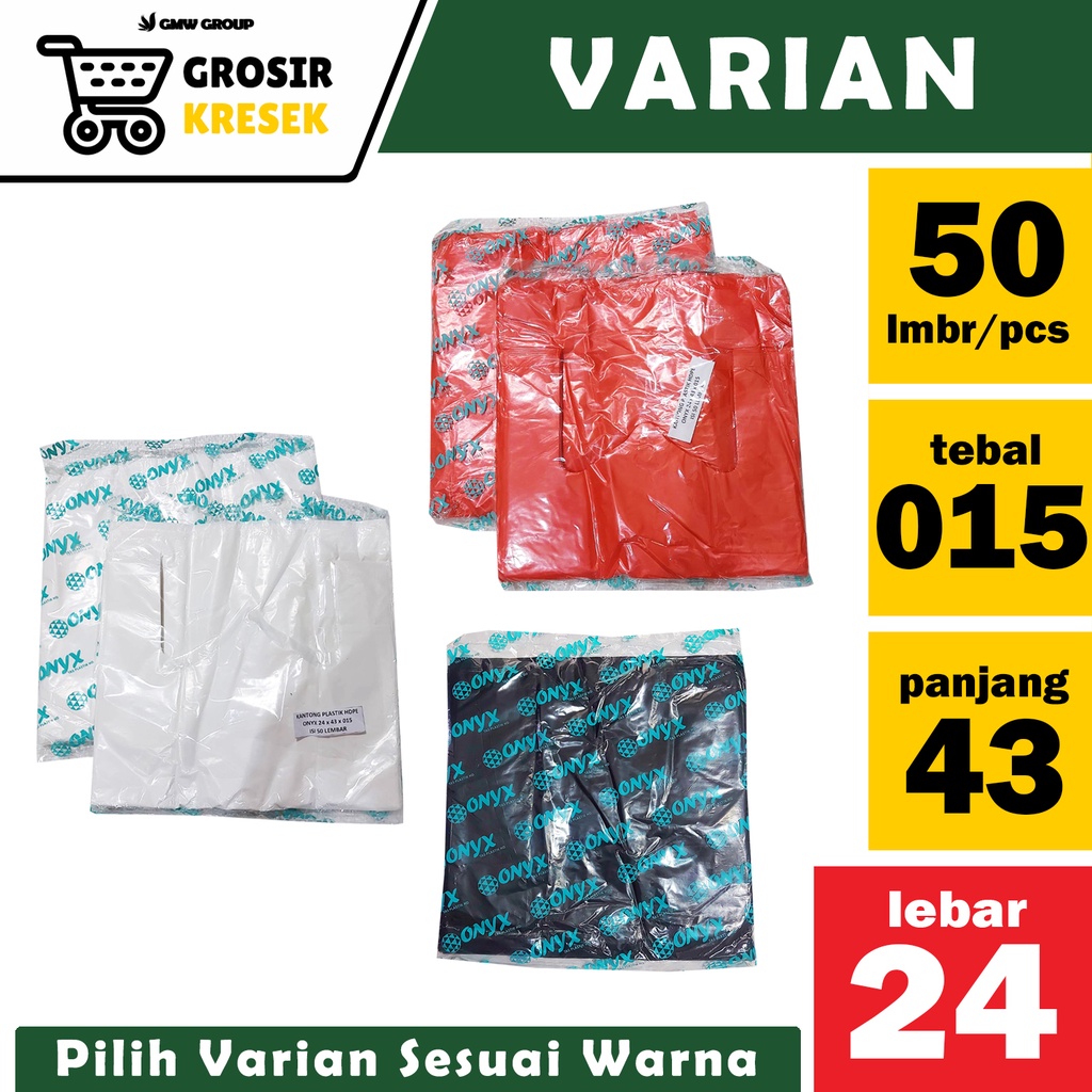 [DISC] A49 Kresek Merk ONYX 24 x 43 x 015 Warna 50 lbr Grosir Kantong Plastik Warna Hitam Merah Puti