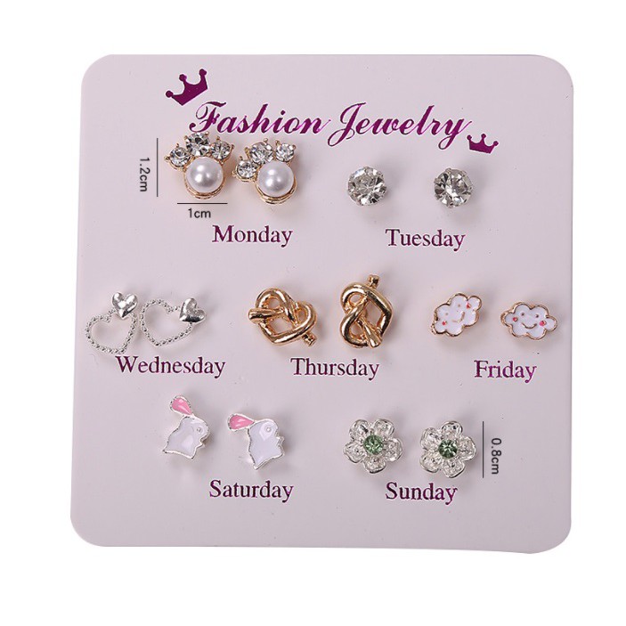 7 Pasang Anting Tindik Tusuk Set  #9 AWAN Satu Minggu Week Ins Gaya Korea Fashion Plug Earring