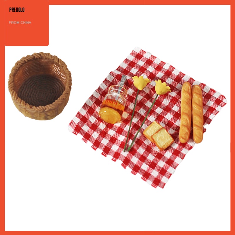 [In Stock] Mini Miniature Bread Picnic Cloth with Basket 1/12 Doll House Green Plaid