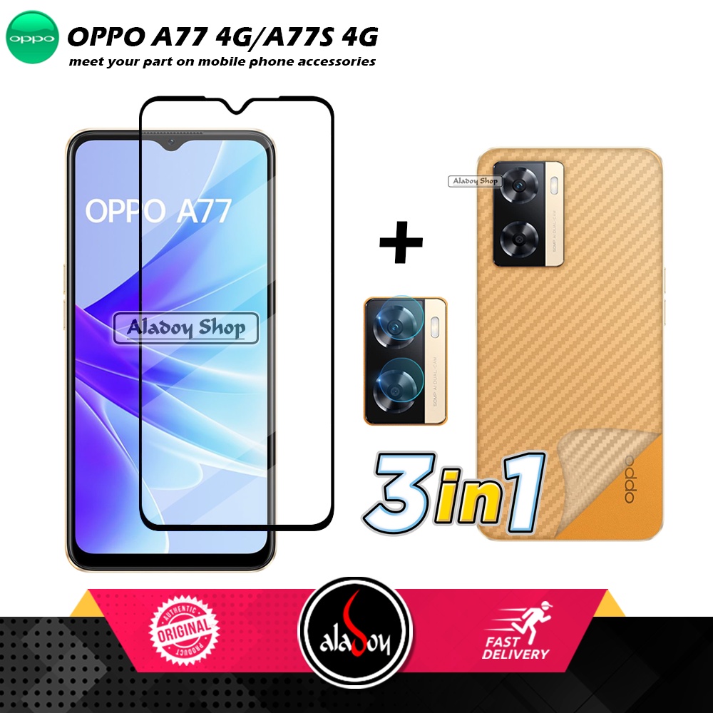 PROMO 3 IN 1 PAKET Tempered Glass Oppo A77 4G / Oppo A77S 4G 2022 Free Tempered Glass Camera dan Skin Carbon