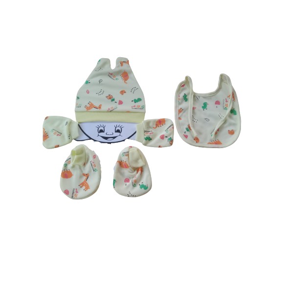 satu set topi sarung tangan kaki  dan slaber/celemek/oto bayi newborn motif animal lucu