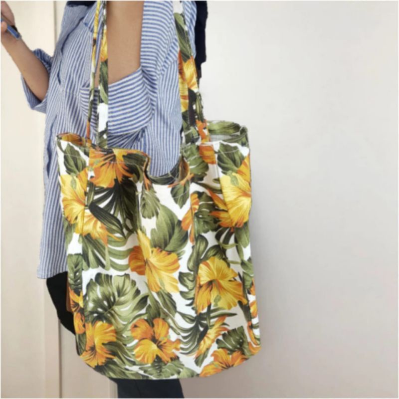 TOTE BAG KANVAS MOTIF DAUN NO RESLETING WANITA TOTEBAG NUDIE BAG TAS KULIAH BESAR