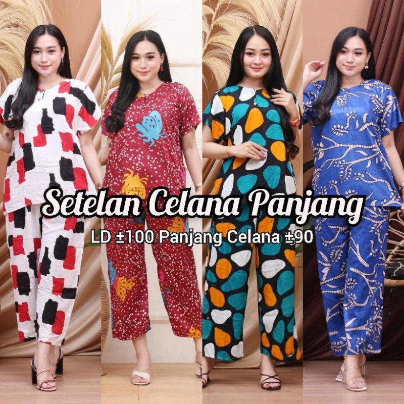 Setelan Celana Panjang Lengan Pendek Kancing Depan Bisa Untuk Busui Motif Kekinian