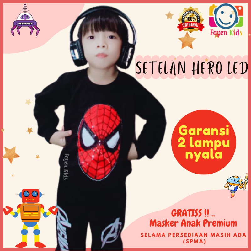 Setelan Stelan Pakaian Baju Celana Joger Babytery LED SUPERHERO Lampu Bayi Anak Laki-Laki Cowok Cowo
