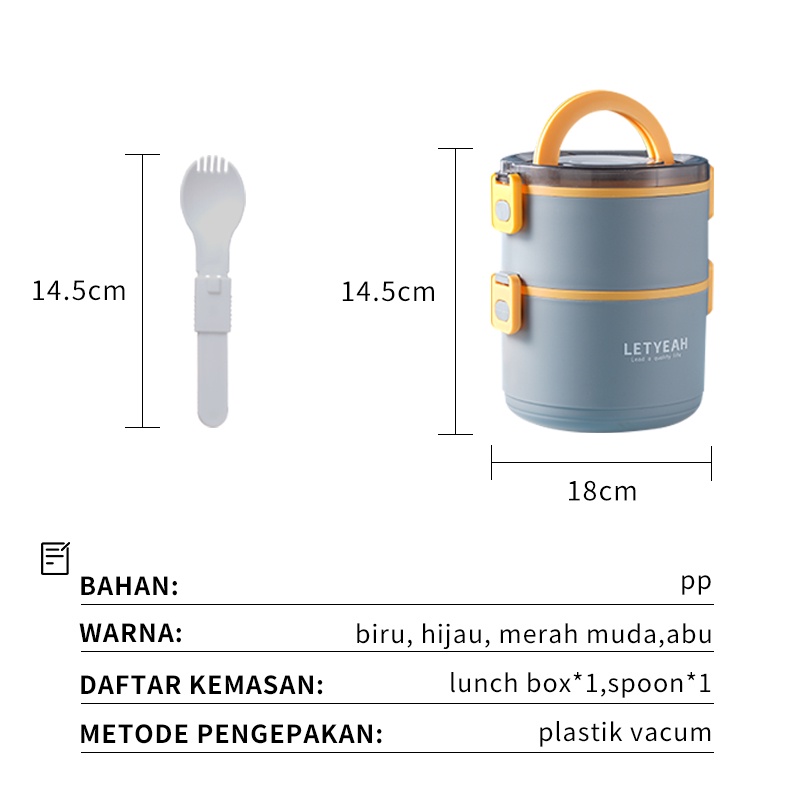 Letyeah &amp; Anantagt Kotak Makan Anti Tumpah Warna 2 susun 1600ml/Lunch Box Free Sendok/Tempat Makan plastik siang bulat karater BPA free