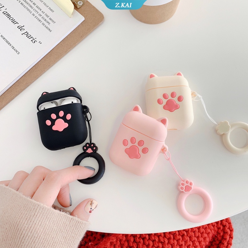 Casing Silikon Motif Kartun Cakar Kucing + Gantungan Kunci Untuk Simpan Earphone Wireless Bluetooth Apple AirPods 1 / 2 pro