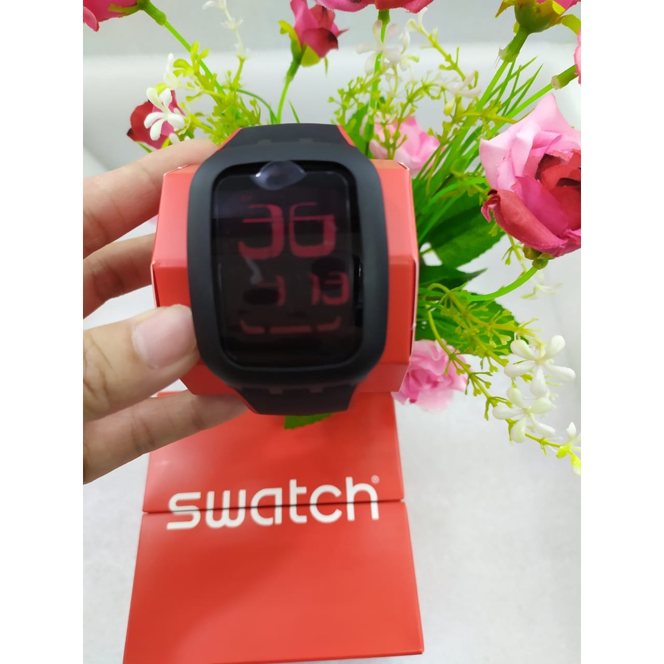 Jam Tangan Swatch Digital Karet Unisex Surb102E Blackisback Original