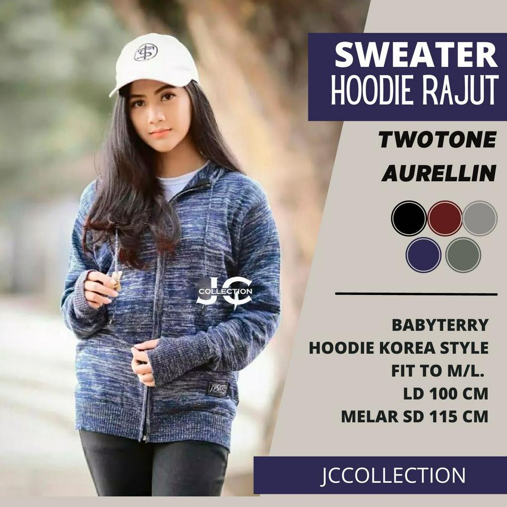 Jaket Rajut Twotone Arielli Knitting Sweater Hoodie Roundhand - JCCollections