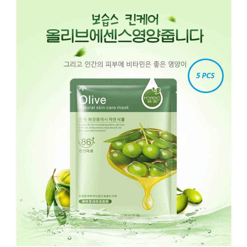 5 Pcs Masker Wajah HCHANA Olive Minyak Zaitun / Masker Muka HCHANA ROREC Olive Facial Sheet Mask Masker Wajah Organik Pemutih dan Glowing / Masker Organik Anti Komedo dan Jerawat / Masker Wajah Korea Murah Pria Wanita