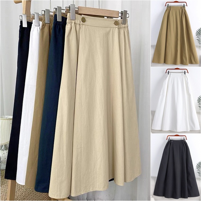 SKIRT PANJANG KOREA - NATHAS SKIRT POLOS LINEN SIZE BESAR KANCING KERUT - BAWAHAN WANITA JUMBO<