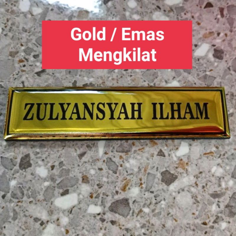 Name Tag Papan Nama Warna Gold Emas Mengkilat - Peniti - Magnet #Name Tag Indonesia