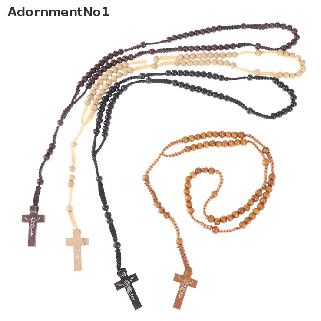 (AdornmentNo1) 1pc Kalung Rosario Katolik Manik Kayu Liontin Salib Yesus