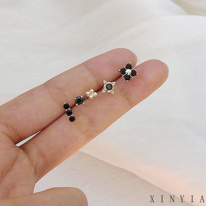 5buah/set Anting Hitam Anting Tusuk Korea Anting Tusuk Aksesoris Wanita Anting Wanita Anting Bunga Korea Hypoallergenic Untuk Wanita