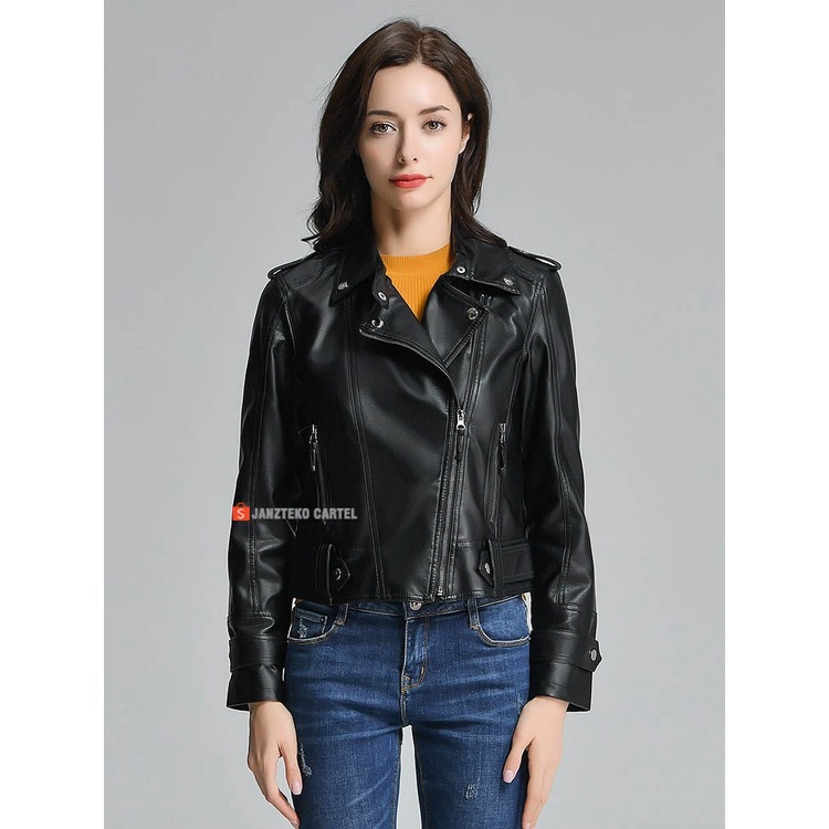 JNK x MALENA - Jaket Biker Motor Wanita Bahan Semi Kulit Sintetis Viena Faux Synthetic Leather Jacket Women Premium Original Branded Cewek Perempuan Ladies Girls Korea KPOP Style Acara Pesta Winter Autumn Outif Outwear Hijab Slim Fit Short Pendek Coat ORI