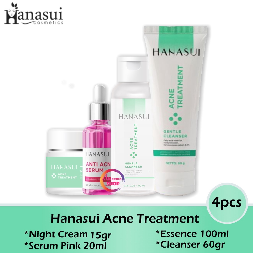 Hanasui Paket Acne Treatment Perawatan Malam Hari 4pcs(Night Cream 15ml+Serum Pink 20ml+Essence 100ml+Cleanser 60gr)