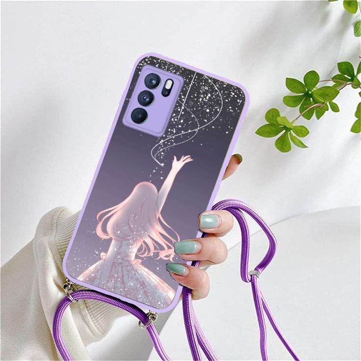 Softcase Kaca Ungu/Lilack + Tali Oppo A16 Oppo A54 Oppo A15 Oppo A5s Reno 5 Reno 5F Reno 6 (4G) | so