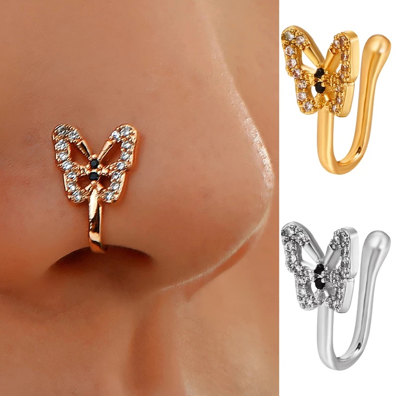 1pc Cincin Klip Hidung Palsu Bentuk U Desain Kupu-Kupu Hias Kristal Berlian