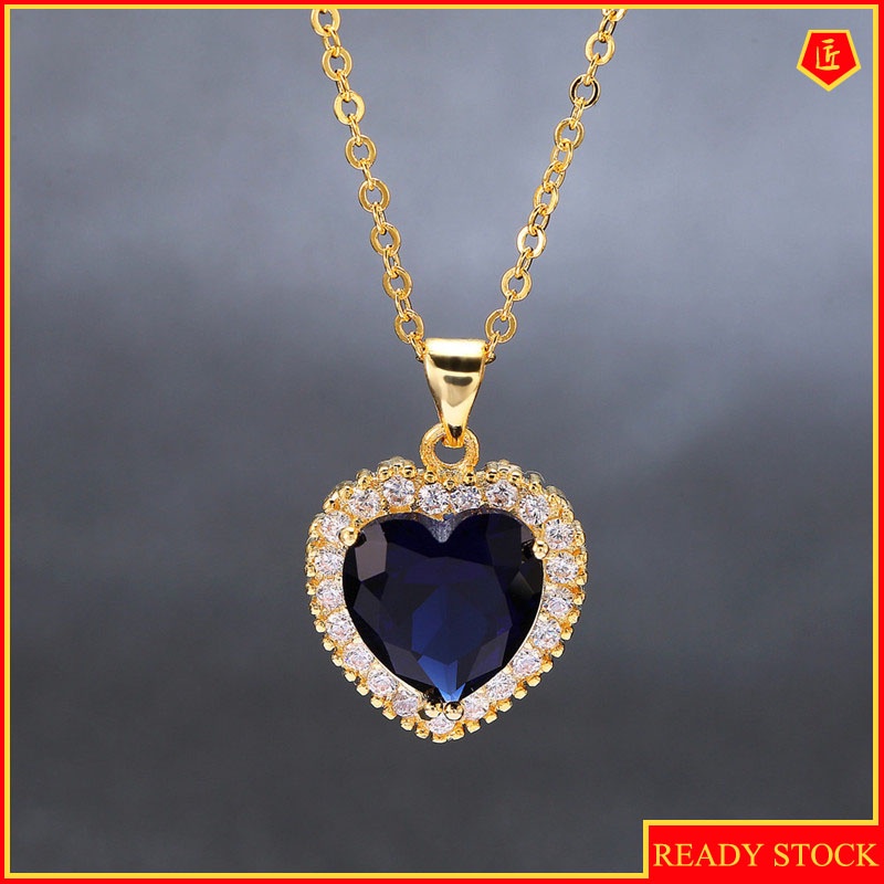 [Ready Stock]Fashion Gold-Plated Inlaid Sapphire Pendant Necklace