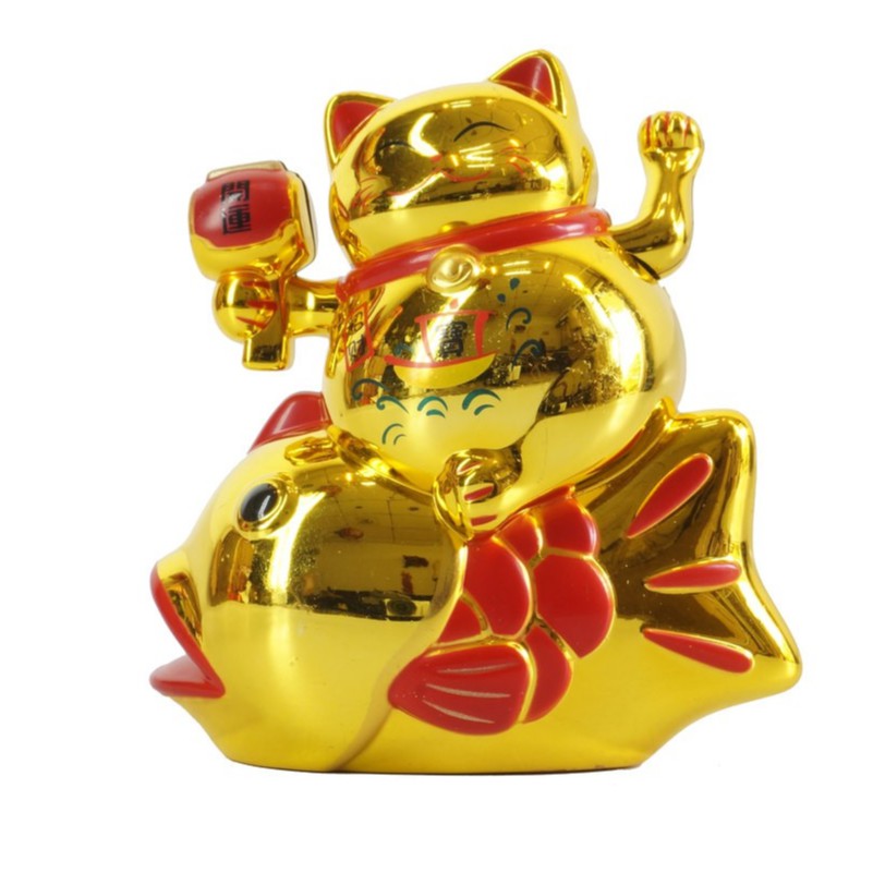 Patung Kucing Ikan Maneki Neko 16 Cm Besar Emas Merah Beruntung Lucky Cat