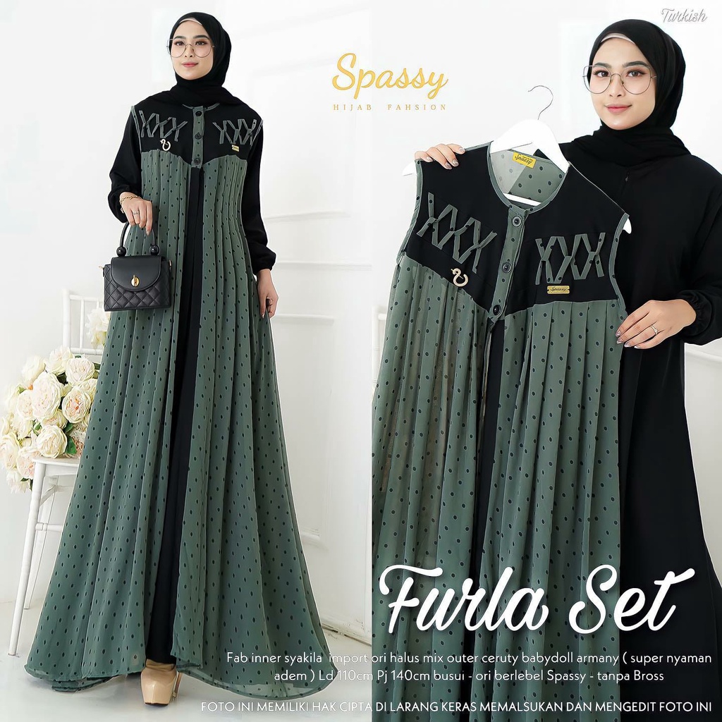 Gamis Terbaru 2022 Furla set 2 in 1 + Outher Busui Friendly dan Wudhu Friendly