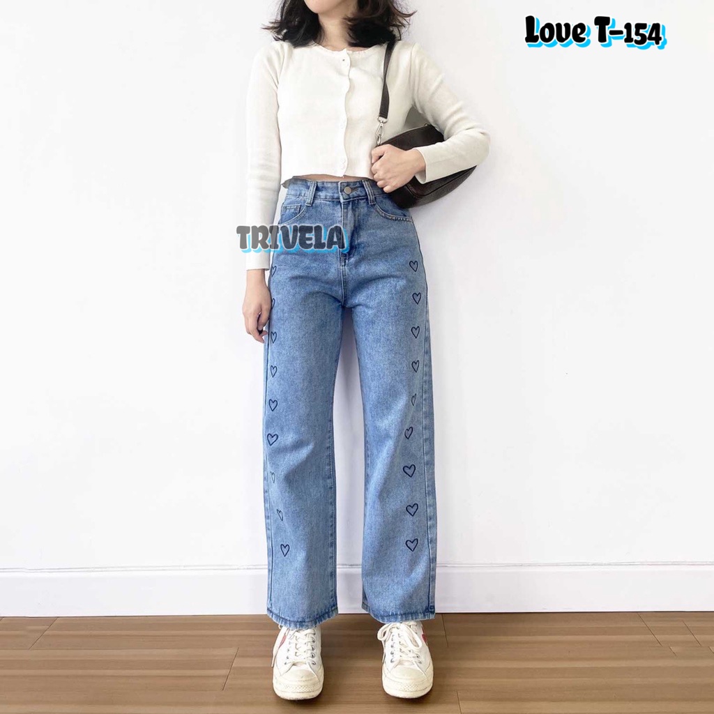 Korea Love Jeans / Celana Jeans Panjang Model Longgar / Jeans Motif Love / High Waist Gaya Korea / Kulot Loose Love / t154