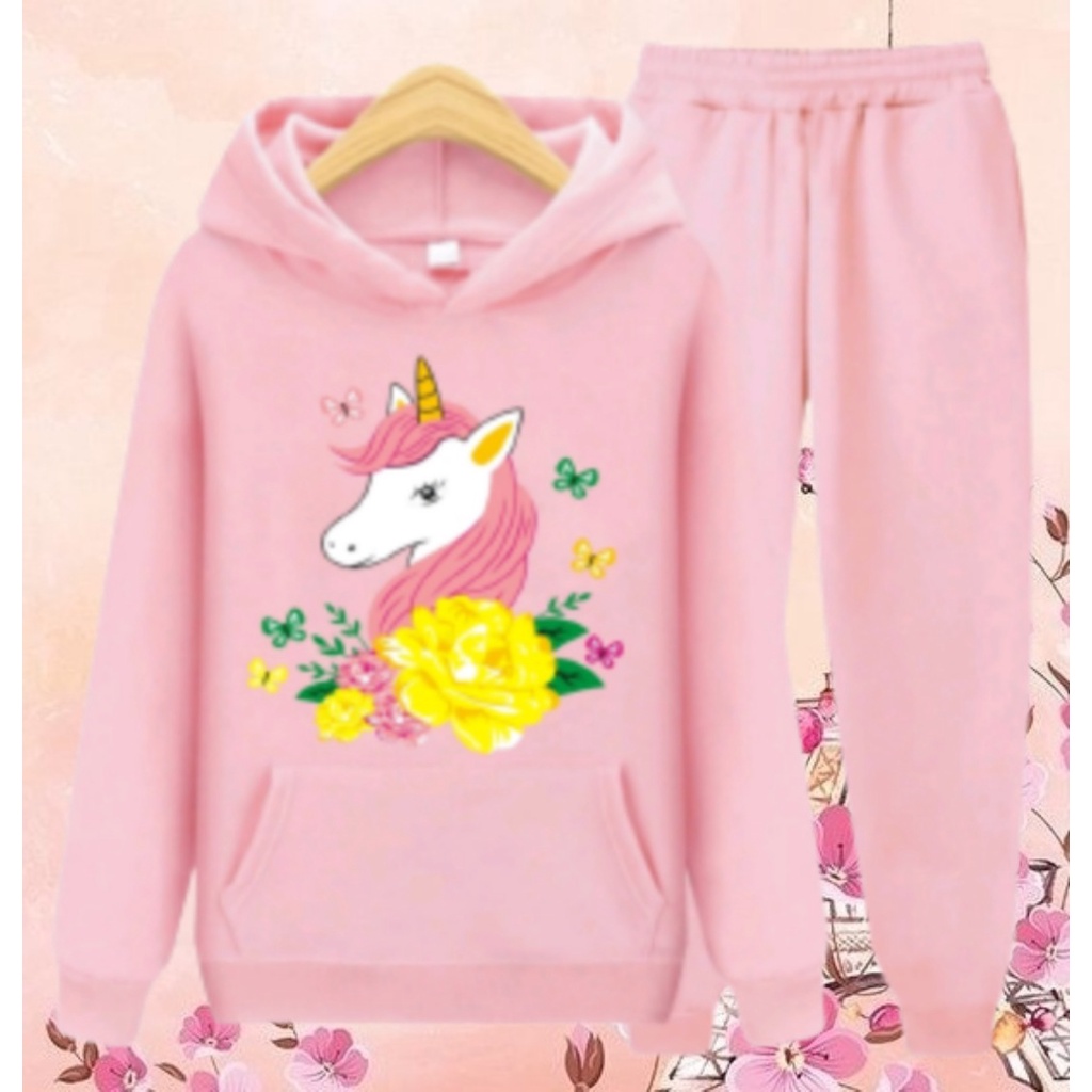 Setelan Sweater Hoodie Anak Perempuan Lengan panjang dan Celana panjang Terbaru 2022 Stelan Anak Cewek Kekinian Murah Korea Style Size S 4 5 6 Tahun M 7 8 9 Tahun XL 10 11 12 Tahun Unicorn