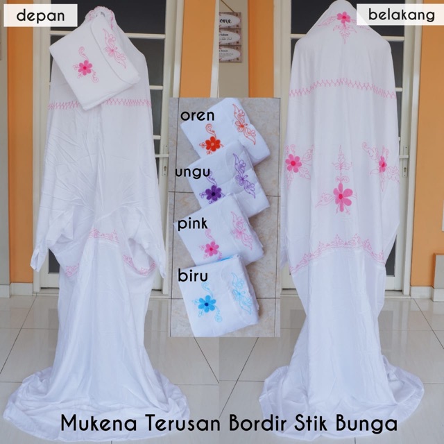 Mukena Terusan Bordir Stik Bunga (Mukenah Dewasa Putih Polos Motif Bunga Timbul)