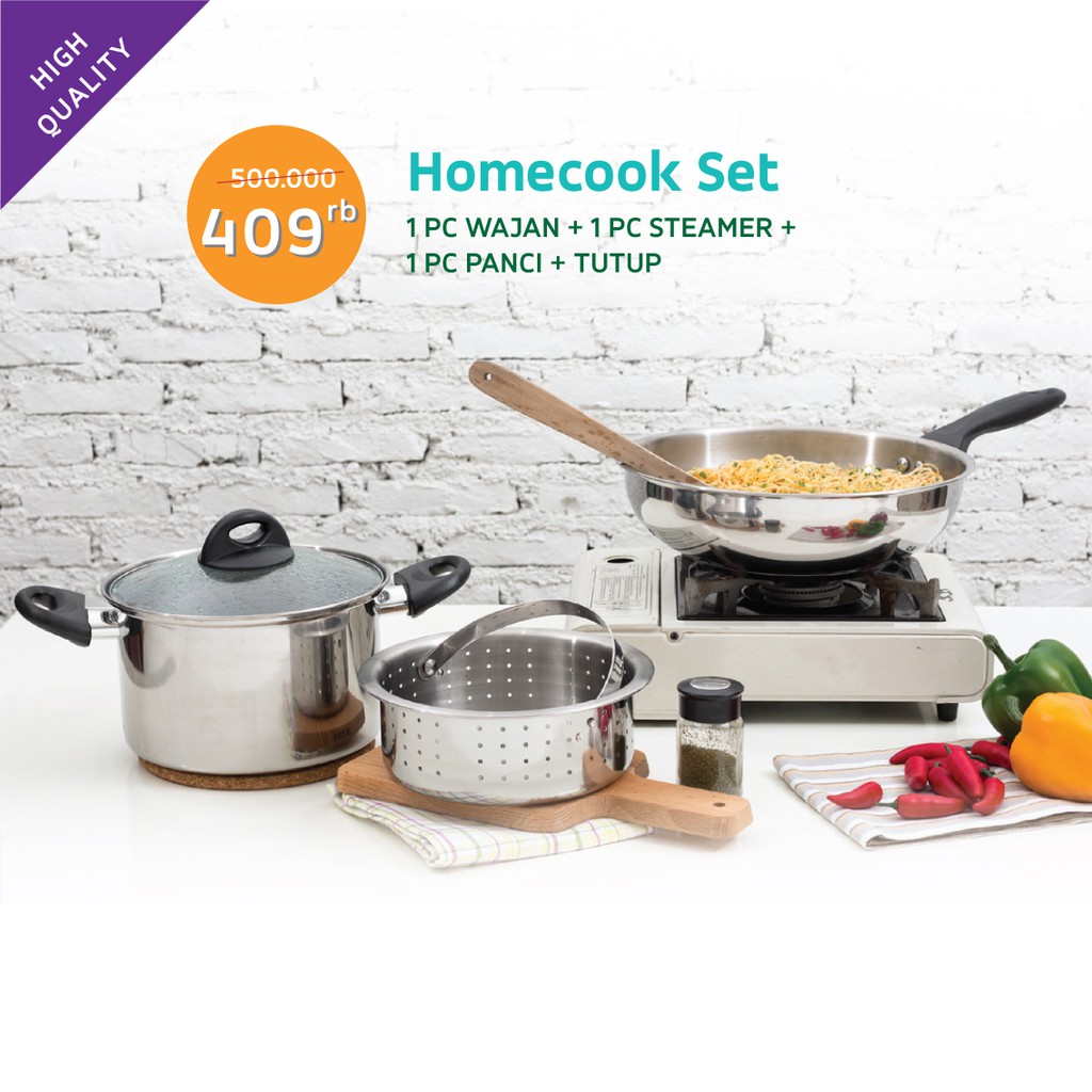 Homecook set penggorengan & panci GRATIS steamer (Stainless 520) Dusdusan