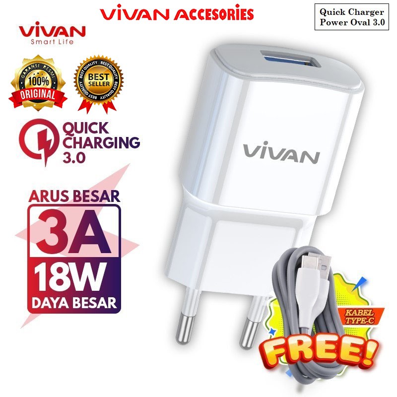 VIVAN Adaptor / Batok Quick Charger Power Oval 3.0 18W + Kabel Type C