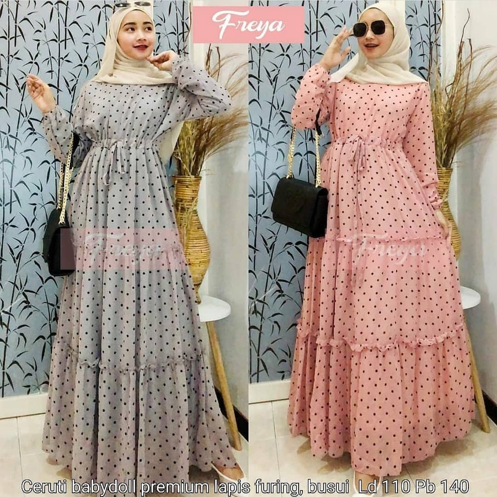 FREYA MAXI IK CERUTY BABYDOLL FULL PURING LD 108 CM PB 138 CM ( BACA DESKRIPSI SEBELUM ORDER ) BUSUI + TALI PINGGANG SERUT Dress Muslim Wanita Terbaru Murah 2022