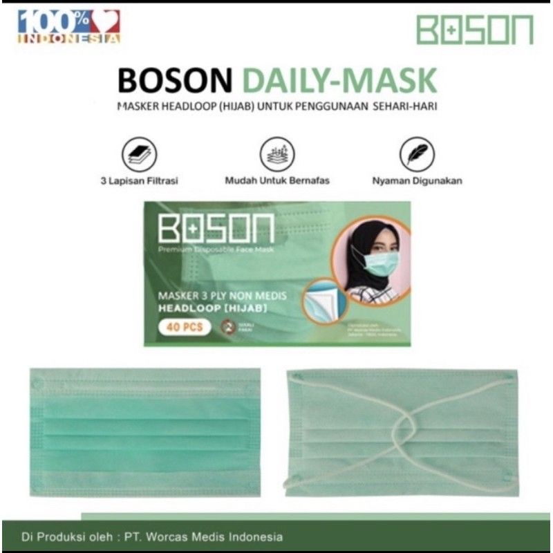 BOSON masker hijab headloop 3ply isi 40pics disposable daily mask
