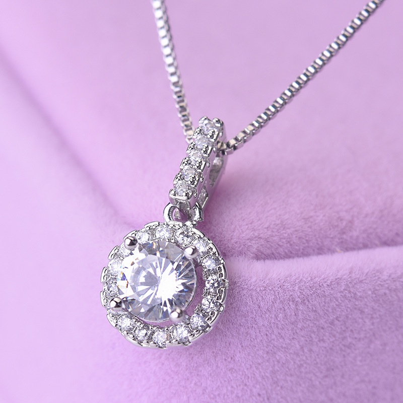 [Ready Stock]Fashion Silver Plated round Colored Gemstone Pendant Luxury Necklace