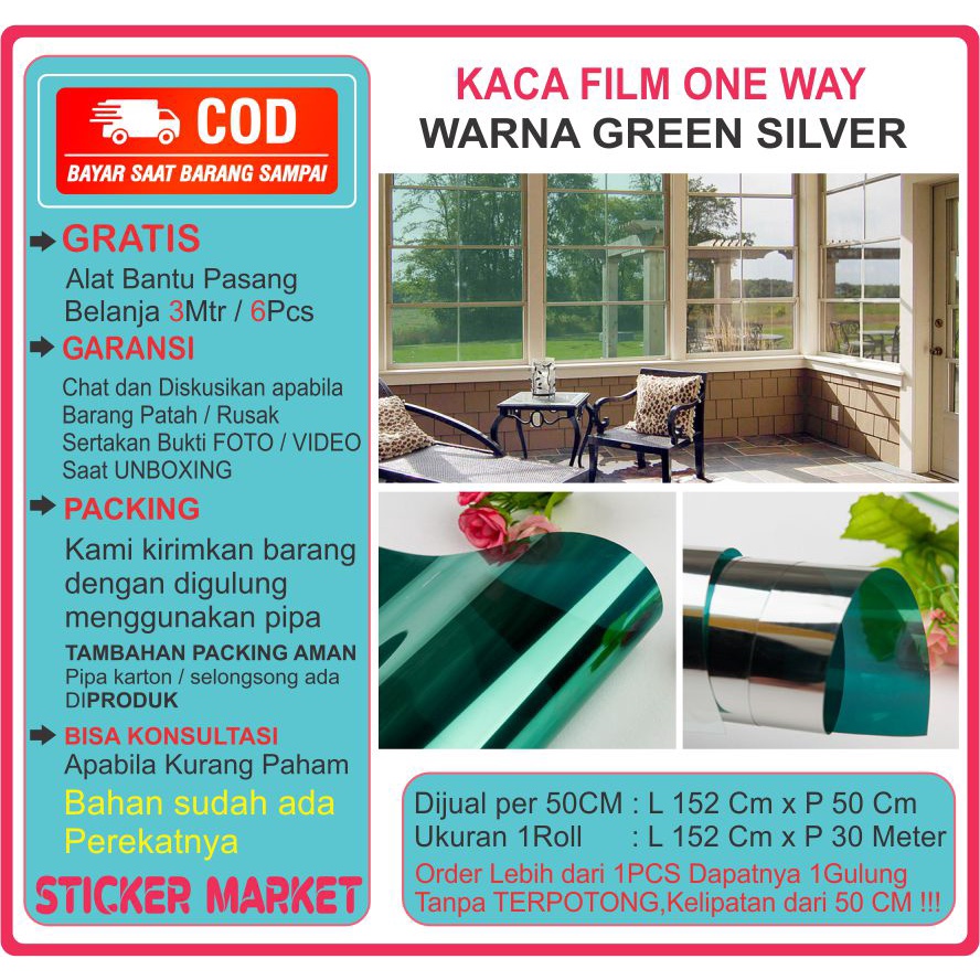 Sticker Stiker Kaca Film Riben Silver Green Hijau Wallpaper Jendela Cermin Kacafilm Rumah