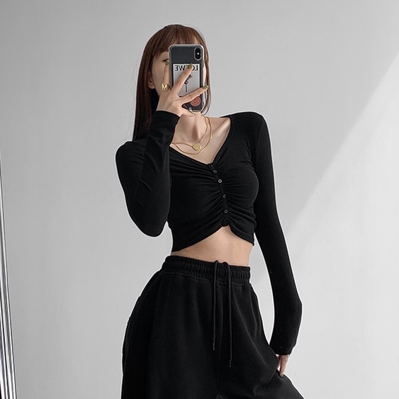 【MISSHONEY】Long  Sleeve Ruched Front V Neck Crop Tee  7315 (S/M/L)