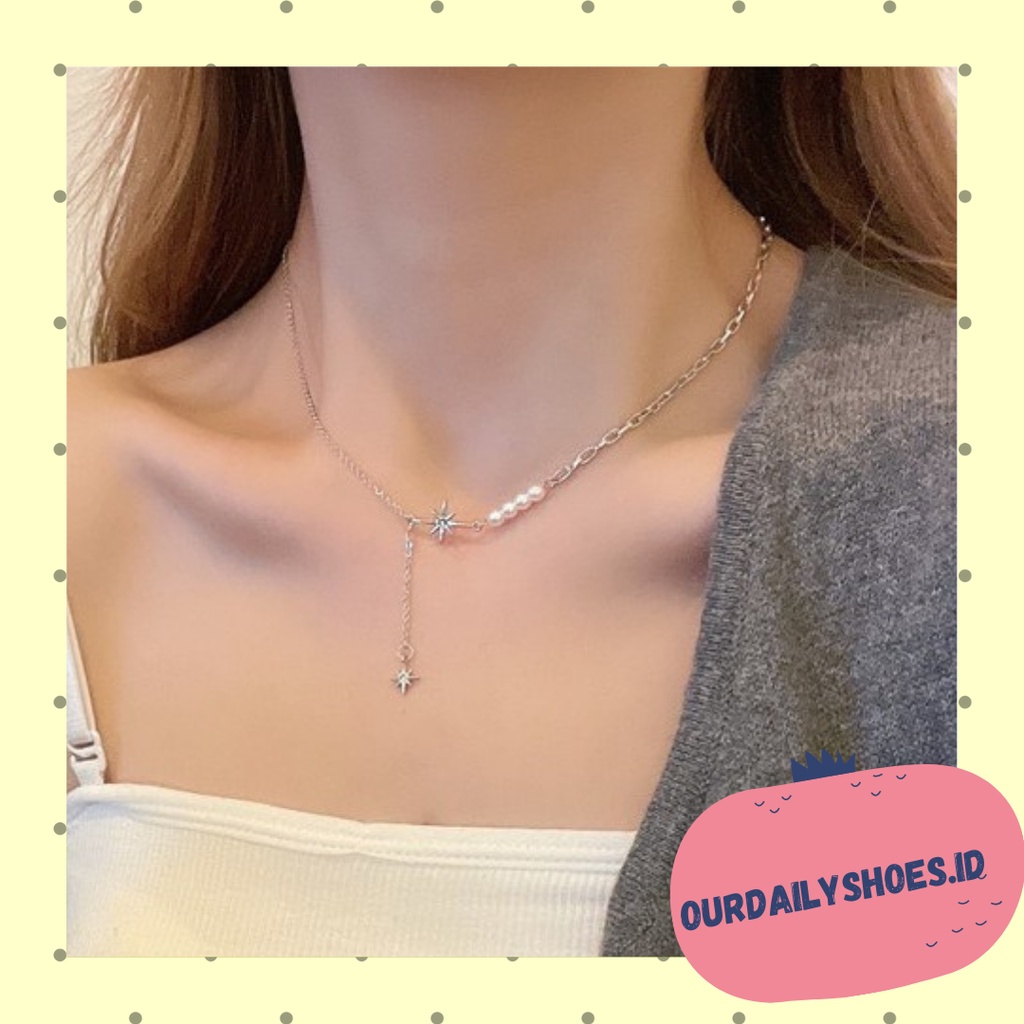 ★ODS★K28 Kalung Korea Rantai Mutiara Zircon Star Yuriko Juntai Silver Pearl Bintang Korean Necklace