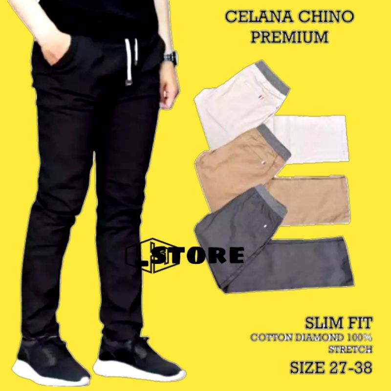 Celana Pria SLIMFIT Panjang Chino KERJA HARIAN HITAM MOCCA ABU CREAM SIZE 27-32 KARET PINGGANG celana panjang katun Chino pria panjang distro celana pria karet pinggang model terbaru premium  celana panjang pria kasual