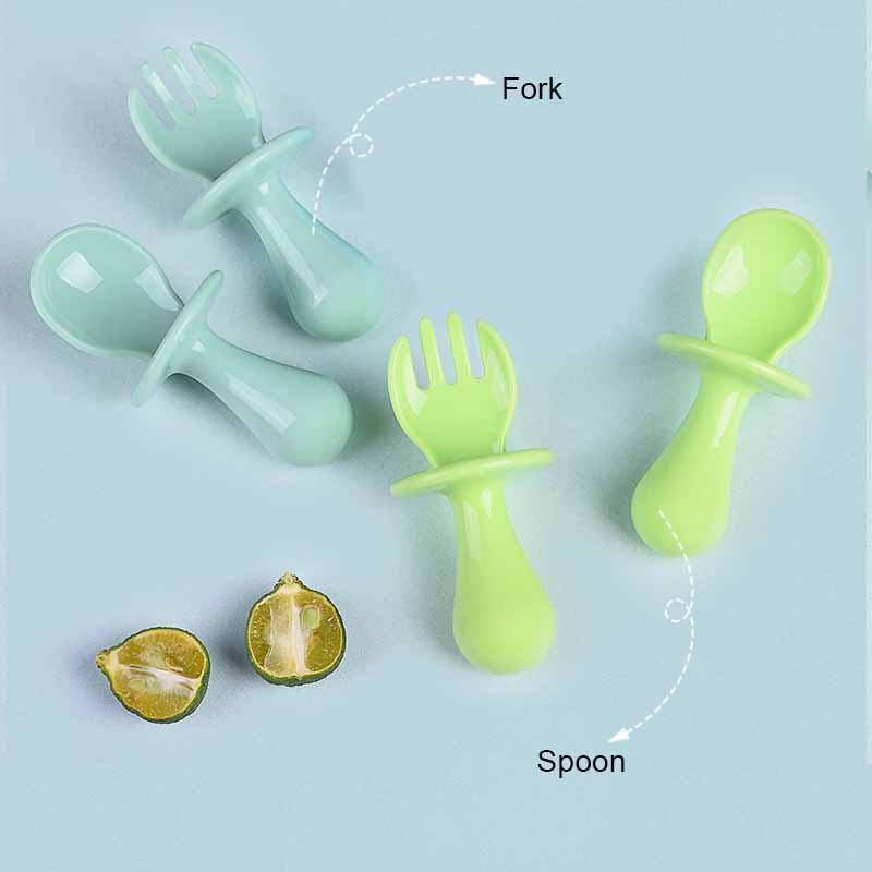 2Pcs/set Sendok + Garpu Bayi Gagang Pendek Untuk Bayi / Alat Makan Bayi / Sendok Dan Garpu Bayi-Won