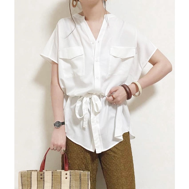 BLOUSE WANITA UNIQLO GU772 UTILITY TIEWAIST SHIRT BLOUSE-WHITE