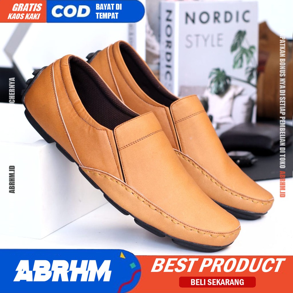 ABRHM X NIBA Sepatu Slip On Pria Kulit Asli Sepatu Pria Pantofel Kerja Sepatu Kasual Cowok / Cowo Santai Kekinian Original