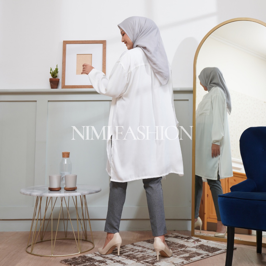 NIMI Atasan Tunik Kanaya Long Tunik Oversize Kemeja Panjang Polos Wanita Kancing Tutup Lady Zara Busui Friendly