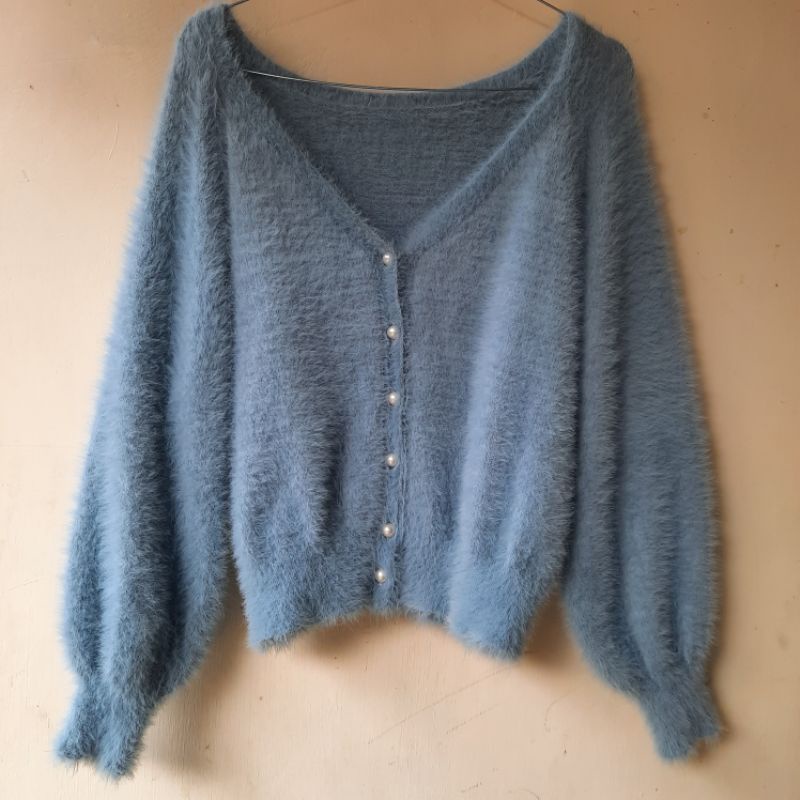 ROPE PICNIC Blue Fuzzy Cardigan Bulu Lengan Balon Warna Biru