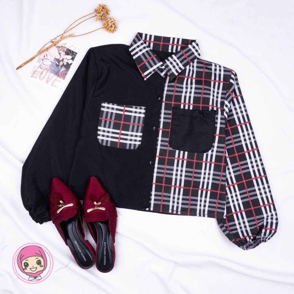 SALE!!! Mika Crop Top / Kemeja Crop Wanita Tartan / Kemeja Two Tone Kotak-2