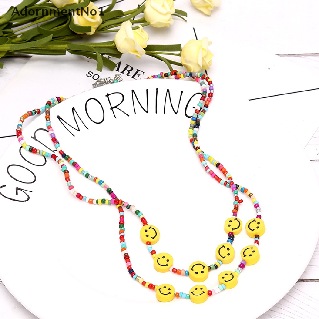 (AdornmentNo1) Kalung Choker Rantai Manik Pendan Smiley Face Warna Warni Gaya Boho