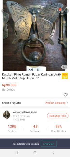 Ketukan Pintu Rumah Pagar Kuningan Antik Murah Motif Kupu-kupu 011