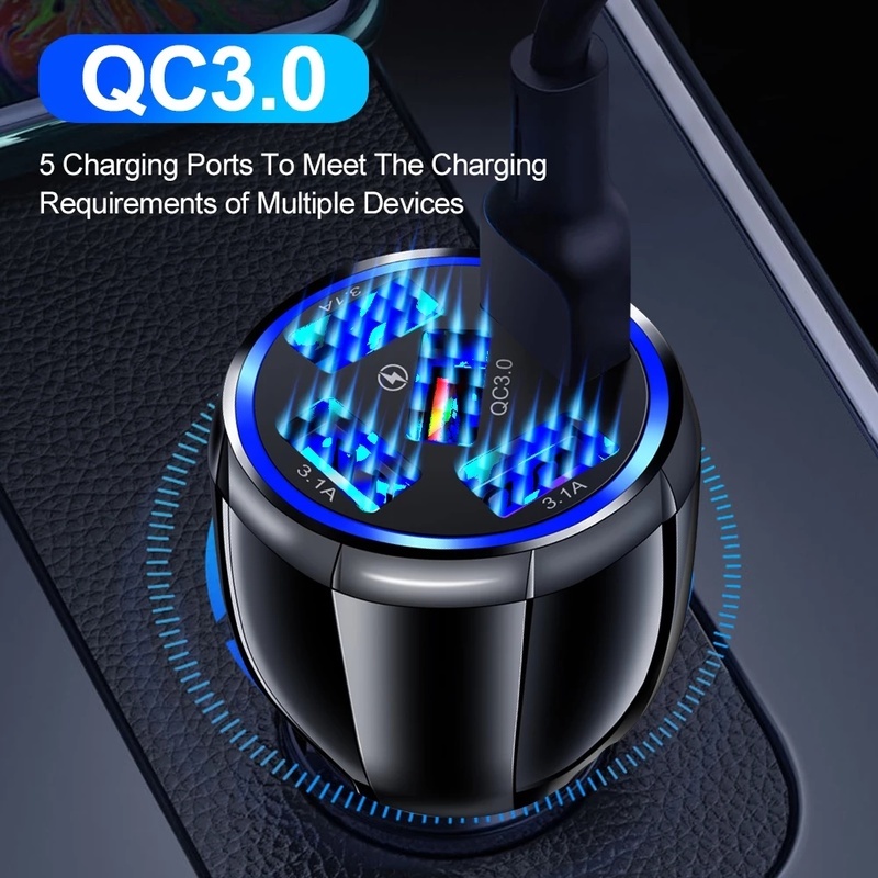 Adapter Charger Mobil 5 Port Usb Qc3.0 Fast Charging Untuk Iphone / Android