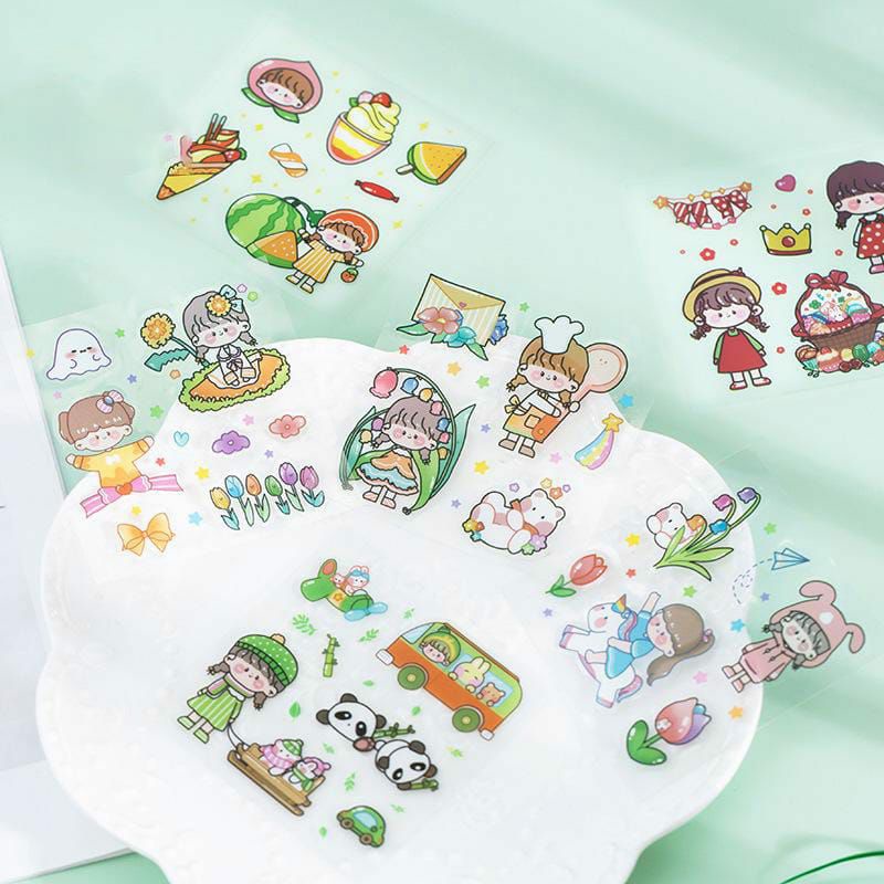 Stiker PVC Aesthetic 1 Lembar | Sticker Kawaii Girl | DIY Bahan PVC Untuk Deco Scrapbook Diary Tumbler Botol Viral | Sticker Lucu Korea