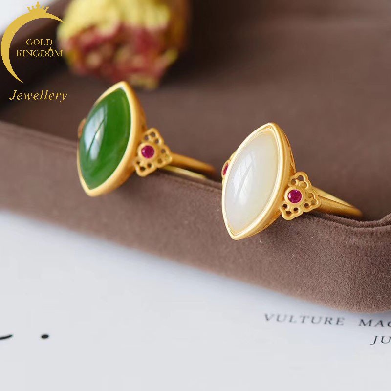 Goldkingdom Perhiasan Fashion 24K Bangkok Aksesoris Ready Stock Hetian Jade Cincin Giok Putih Jasper Cincin Berlapis S925 Perak Bertatahkan Emas Asli Kadar 375 Dengan Adjustable Frosted