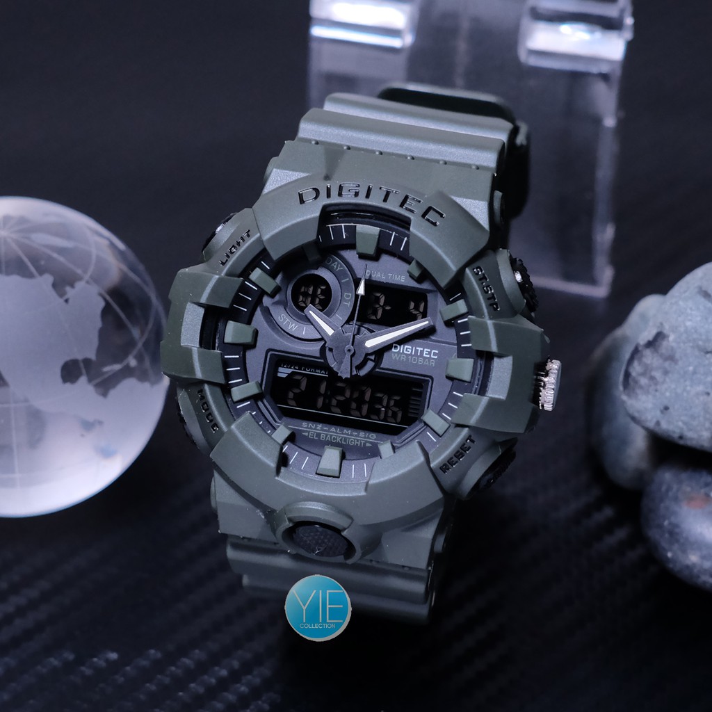 Jam Tangan Pria Digital Digitec DA 2112 T Hijau Army Sport Dual Time Original Anti Air Strap Karet