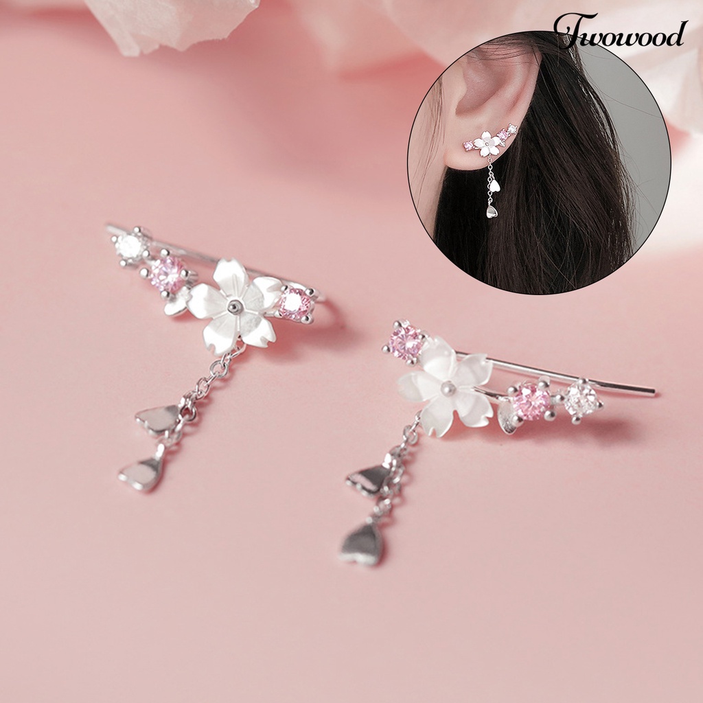 1 Pasang Anting Hook Berlian Imitasi Bentuk Hati Cherry Blossom Bahan Alloy Untuk Liburan